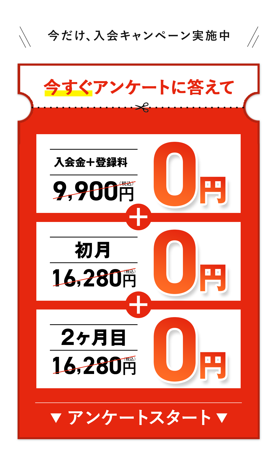 今すぐアンケートに答えて入会金＋登録料0円、初月0円、2ヶ月目0円